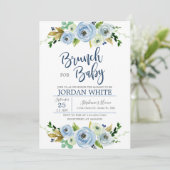 Baby shower invitation je vais, blue floral (Debout devant)