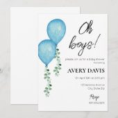 Baby shower Invitation Jumeaux Ballons Bleus Garço (Devant / Derrière)