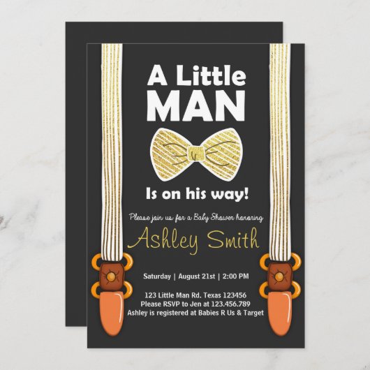 Baby shower Invitation Little Man Bow Cravate Blac (Devant / Derrière)
