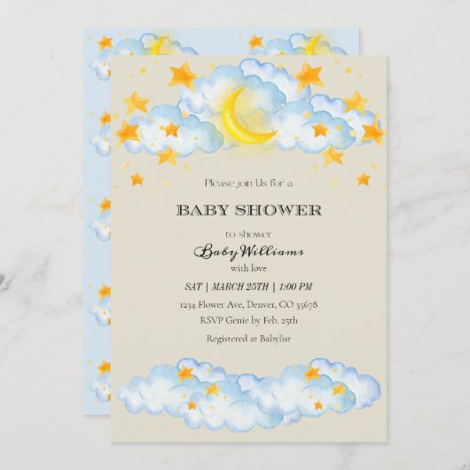 Baby shower Invitation Lune et Stars Thème (Devant / Derrière)