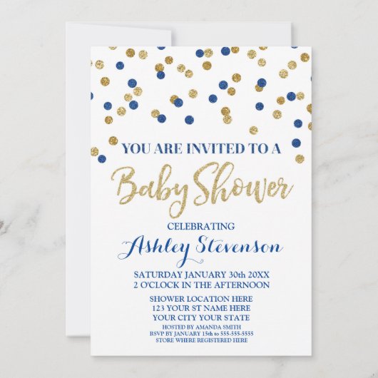 Baby shower Invitation Marine Blue Gold Confetti (Dos)