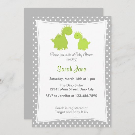 Baby shower Invitation mignonne Dinosaur Gris Vert (Devant / Derrière)