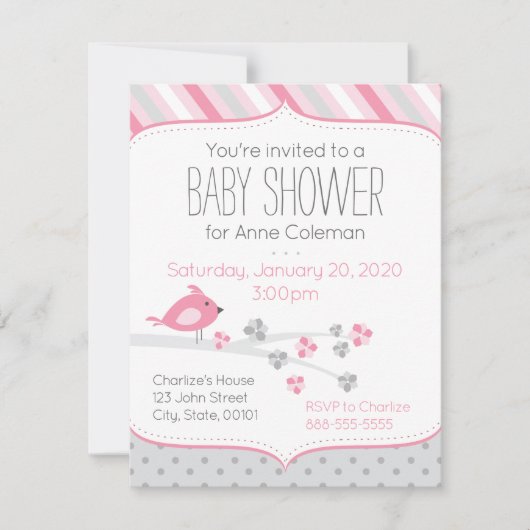 Baby shower Invitation Oiseau sur un thème rose de (Devant)