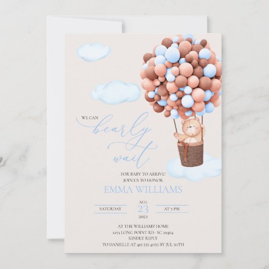 Baby shower Invitation Ours bleu Bearly Attendre!  (Devant)