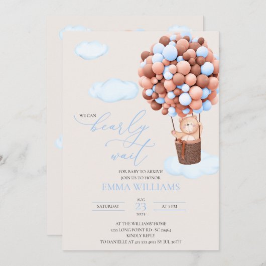 Baby shower Invitation Ours bleu Bearly Attendre!  (Devant / Derrière)