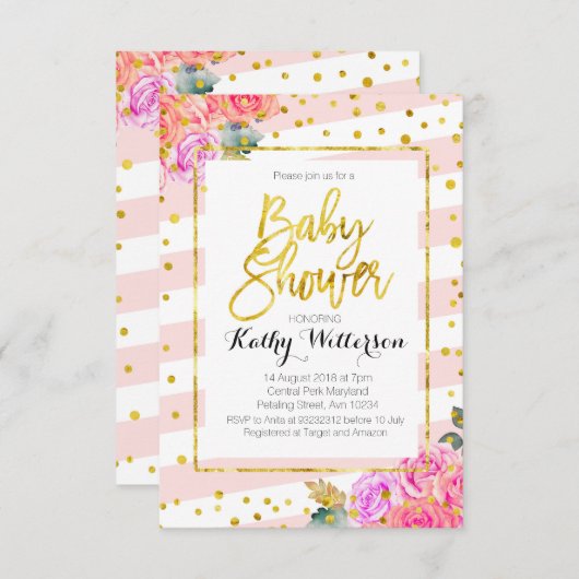 Baby shower Invitation Pink Peach Gold (Devant / Derrière)
