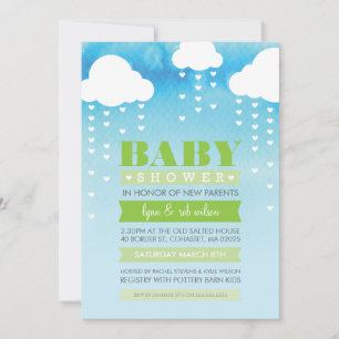BABY SHOWER INVITATION pluie coeur aquarelle vert