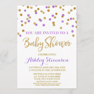 Baby shower Invitation Purple Gold Confetti