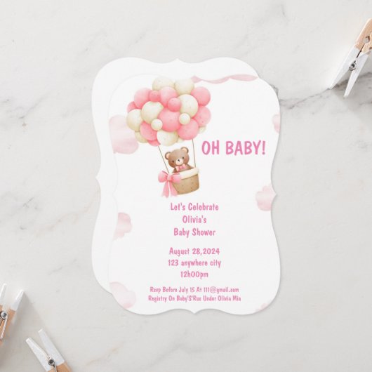 baby shower invitation rose pour les filles (Devant/Arrière en situation)