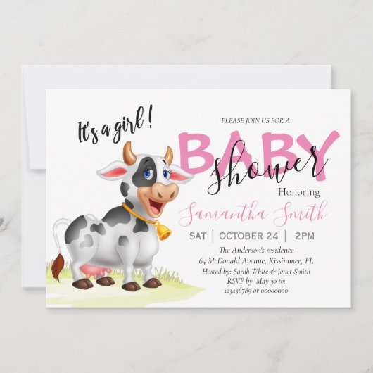 Baby shower, Invitation Rose Vache (Devant)
