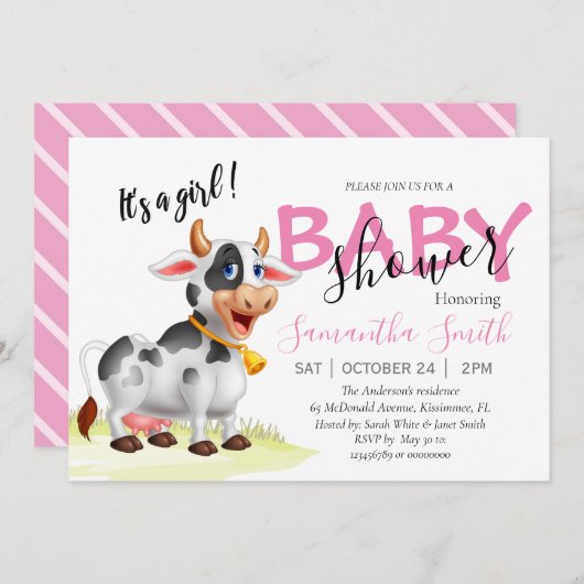 Baby shower, Invitation Rose Vache (Devant / Derrière)