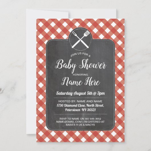 Baby shower Invitation Rouge En vichy Chalk style (Devant)