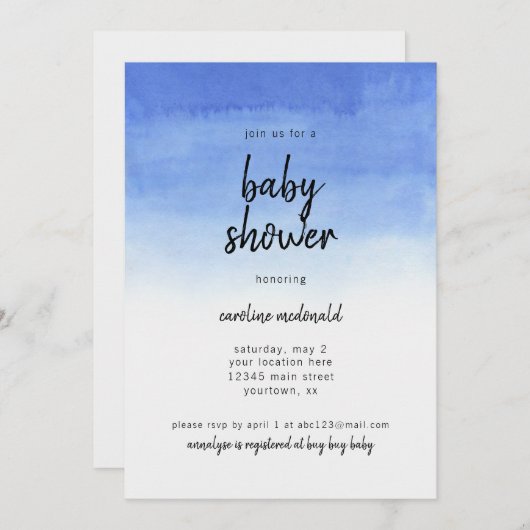 Baby shower Invitation Simple Blue Ombre Moderne (Devant / Derrière)