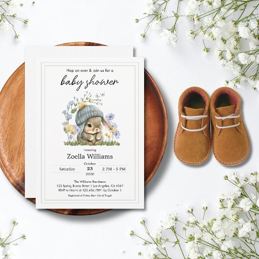 Baby Shower Invitation Simple Flowers Bunny