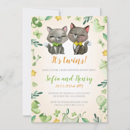 Baby shower Invitation Twins| Neutre| Chats mignon (Devant)