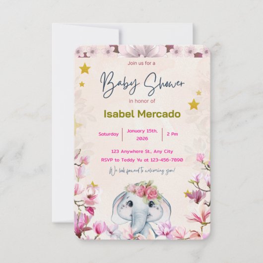 Baby Shower Invitation with Floral Elephant. (Devant)