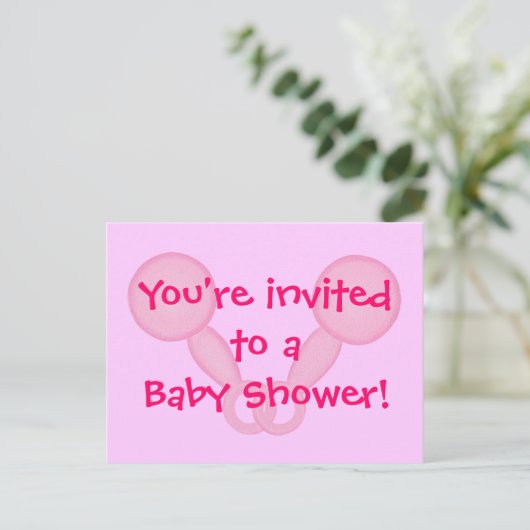 Baby Shower Invitations Pink Baby Rattles Carte po (Debout devant)