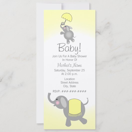 Baby shower jaune mère et bébé éléphant Invitation (Devant)