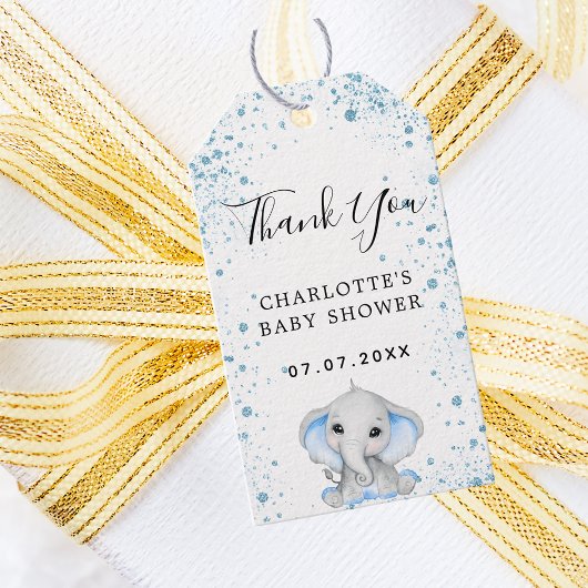 Baby shower jongen blauw wit olifant dank u cadeaulabel