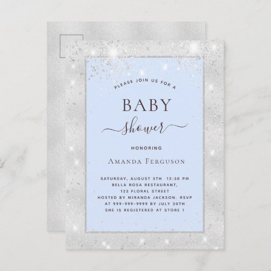 Baby shower jongen lichtblauwe glitter uitnodiging briefkaart (Voorkant / Achterkant)