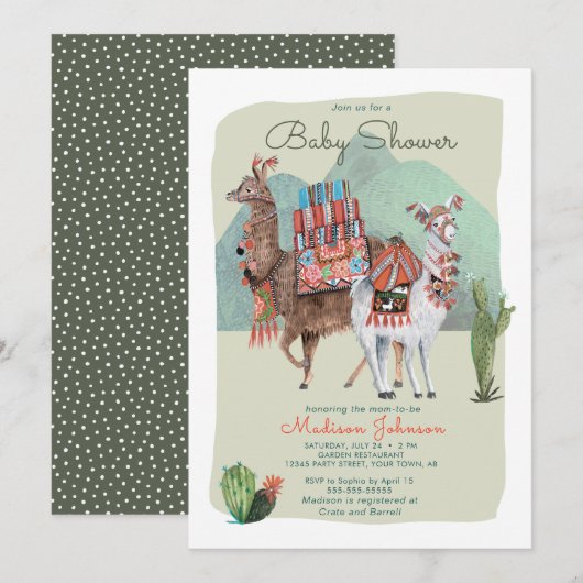 Baby Shower Jongen | Llama's & Cactus | Uitnodigin Kaart (Voorkant / Achterkant)