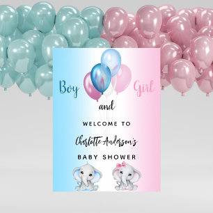 Baby shower jongen meisje blauw roze olifanten wel poster