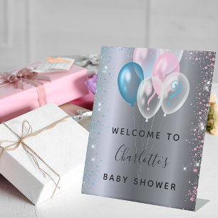 Baby shower jongen meisje blauw roze welkom reclamebord met voetstuk