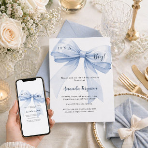Baby Shower jongen met blauwe strik Kaart