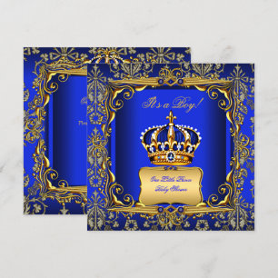 Baby Shower Jongen Royal Blauw Damast Gouden Kroon Kaart