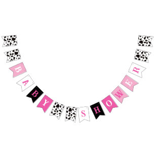 Baby shower Koe Print Roze Wit Zwart Vlaggetjes