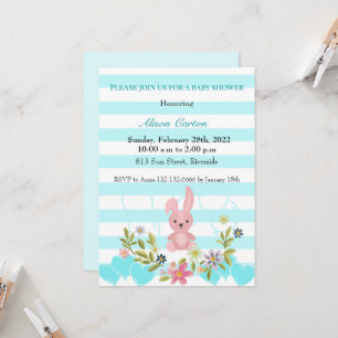 Baby Shower Konijn wit en blauw turkoois gestreept Kaart