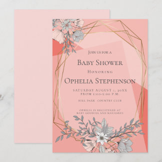 BABY SHOWER koraal Floral Geometric Gold Lijst Kaart