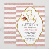 Baby shower kroongoud & roze moderne strips kaart (Voorkant / Achterkant)