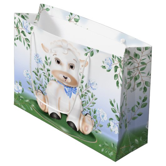 Baby shower Lamb Blue Floral Boy Groot Cadeauzakje (Voorkant Gekanteld)