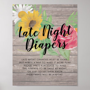 Baby shower Late Night Luiers Bloemen Rustiek Hout Poster