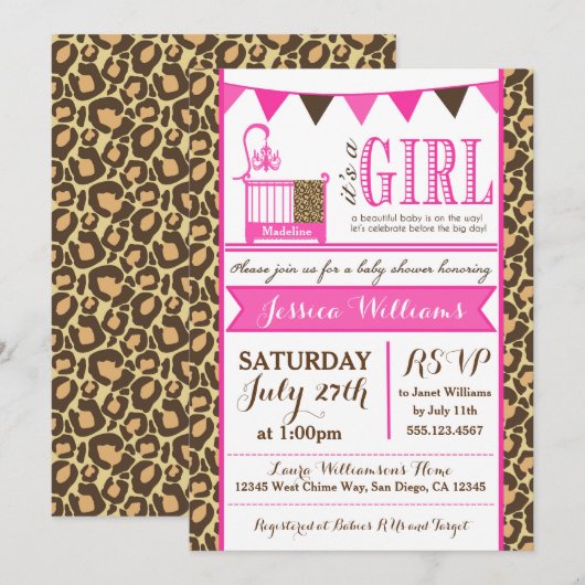 Baby shower Leopard Invitation Pour Les Petites Fi (Devant / Derrière)