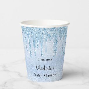 Baby shower lichtblauwe jongen glitter monogram papieren bekers