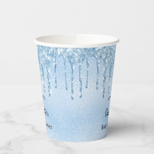 Baby shower lichtblauwe jongen glitter monogram papieren bekers (Links)