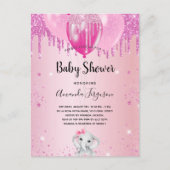 Baby shower lichtroze glitter ballonolifant uitnodiging briefkaart (Voorkant)