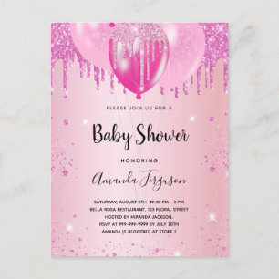 Baby shower lichtroze glitter stof ballon meisje uitnodiging briefkaart