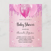 Baby shower lichtroze glitter stof ballon meisje uitnodiging briefkaart (Voorkant)
