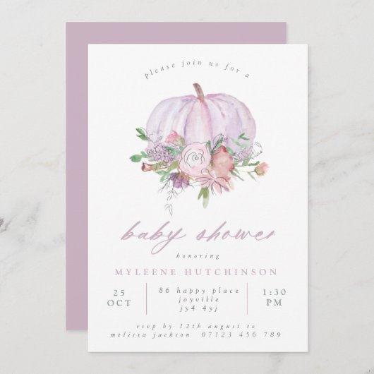 Baby shower lila pompoen en bloemen kaart (Voorkant / Achterkant)