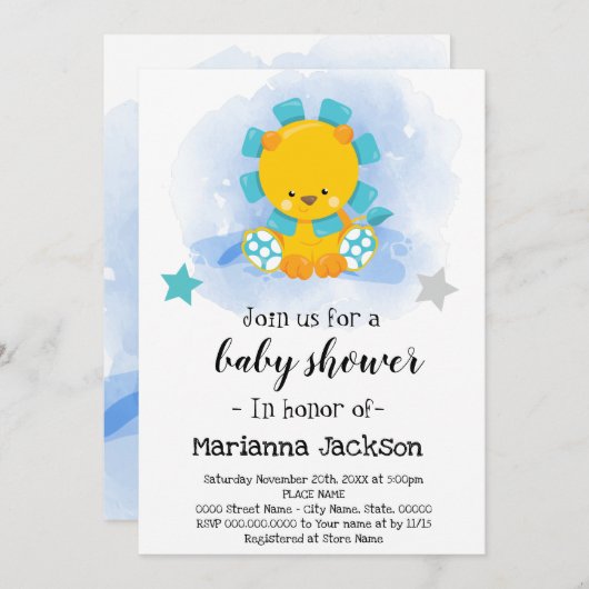 Baby shower Lion Bleu Invitation (Devant / Derrière)
