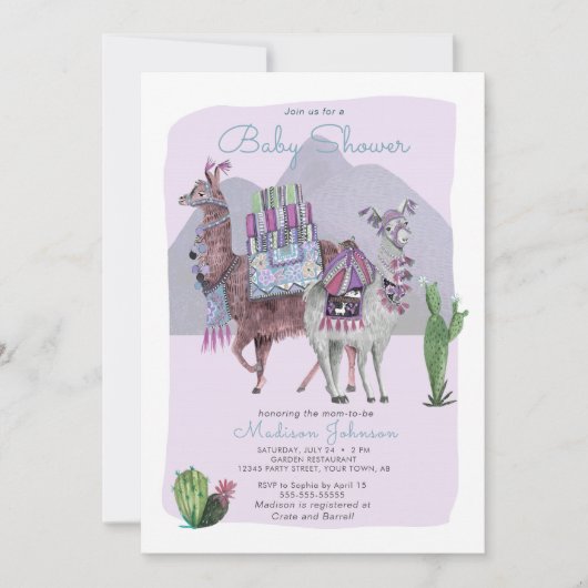 Baby shower | Llamas & Cactus | Invitations Lilac (Devant)