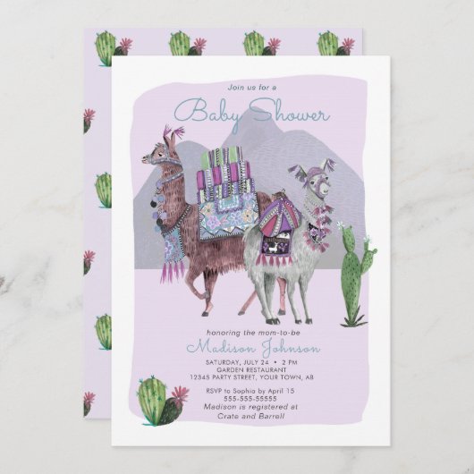Baby shower | Llamas & Cactus | Invitations Lilac (Devant / Derrière)
