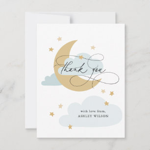 Baby shower Maan en Stars Matte Blue Script Bedankkaart