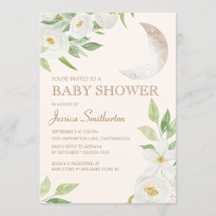 Baby Shower Maan Wit Bloemmotief Groene Bladeren Kaart