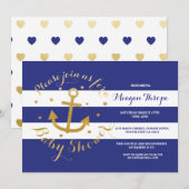Baby shower Marine Ancre Bleue Invitation Gold Hea (Devant / Derrière)
