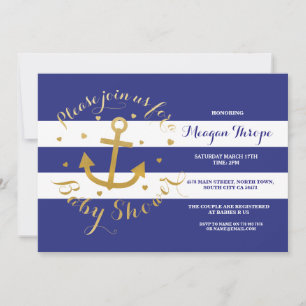baby shower marine Blue Anchor Gold Heart Invite Kaart