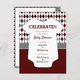 Baby shower Maroon & Grey Blue Argyle Pattern Briefkaart